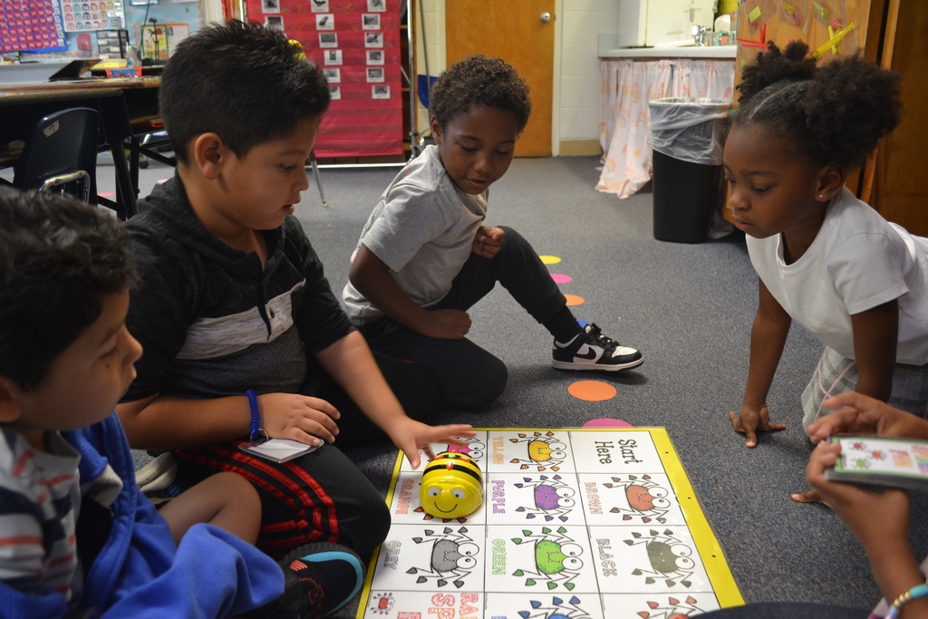 4 students work on their classroom floor using a Beebot