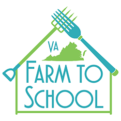 va farm to school logo that is shaped like  a house with a pitch fork as one side of the rook and a fork the other