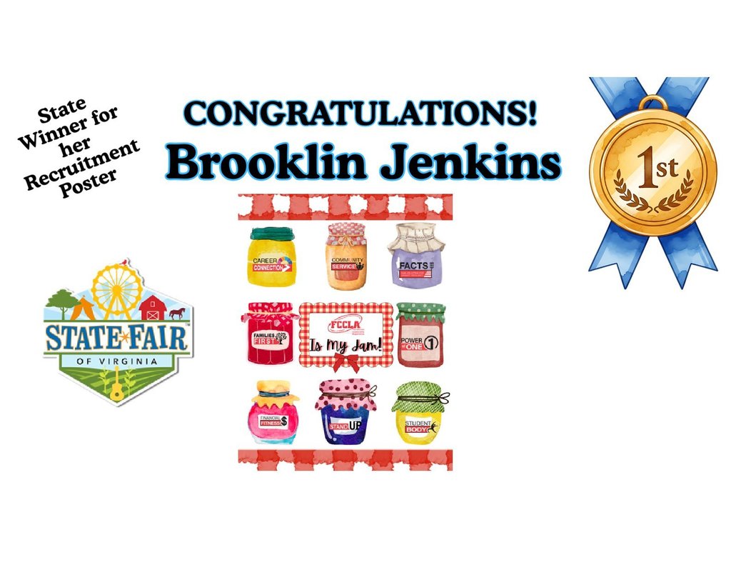 Congratulations poster with "Brooklin Jenkins" in bold. Features a blue-ribbon medal, state fair logo, and decorative jars labeled with positive themes.