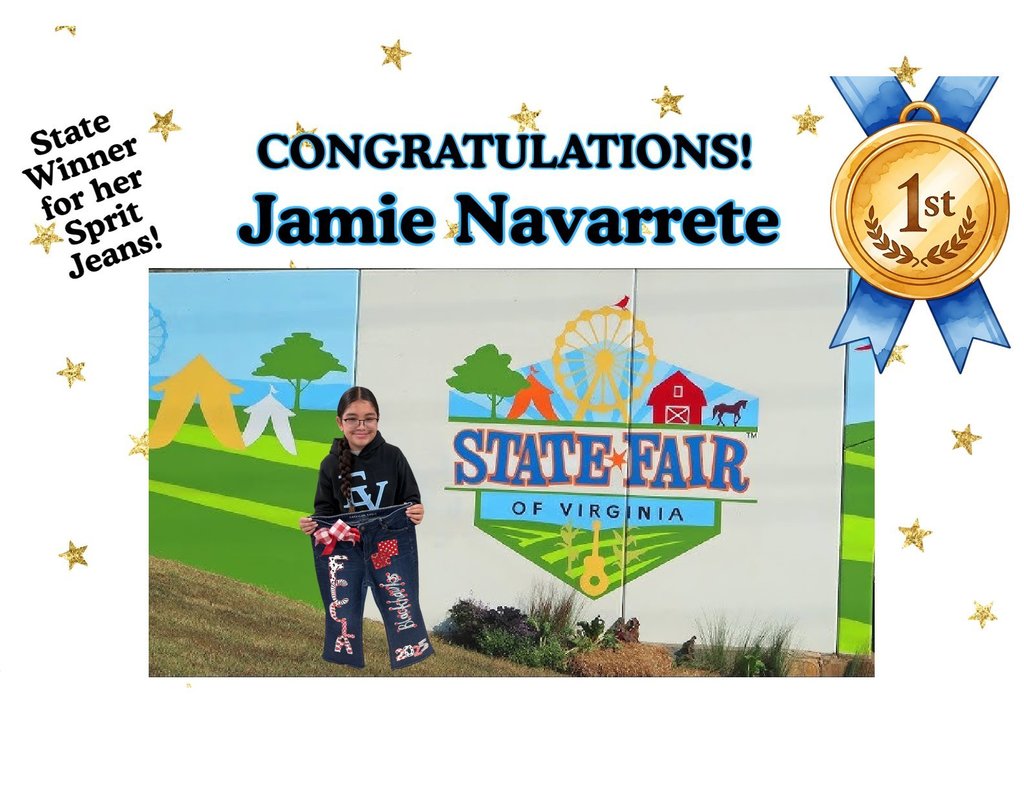 Young girl smiling, holding decorated jeans at the Virginia State Fair. Text congratulates "Jamie Navarrete" as a winner against a colorful fair backdrop.
