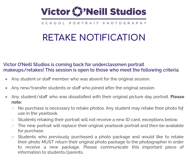 Portrait studio letterhead labelled Retake Notification. Specifics about who the session is open to is listed, including students/staff who were absent, are new,  or dissatisfied with their original picture.