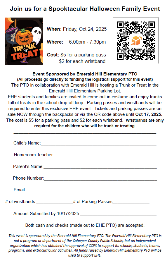 Form for signing up to participate in the Emerald Hill trunk or treat.  Wristbands on sale until October 17th.