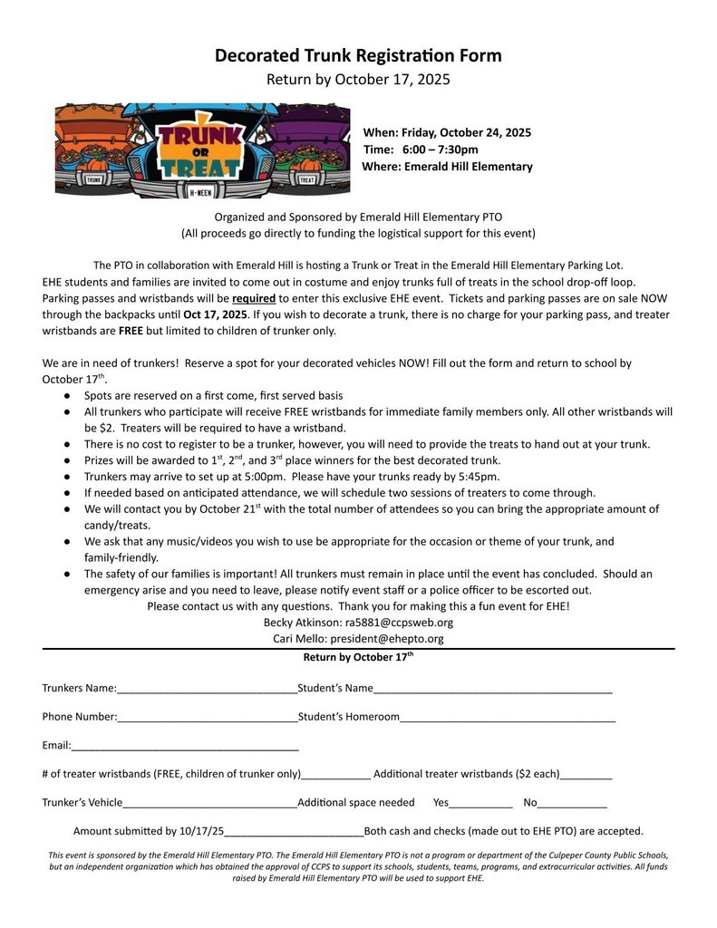 Form for signing up to have a decorated trunk at the Emerald Hill trunk or treat.