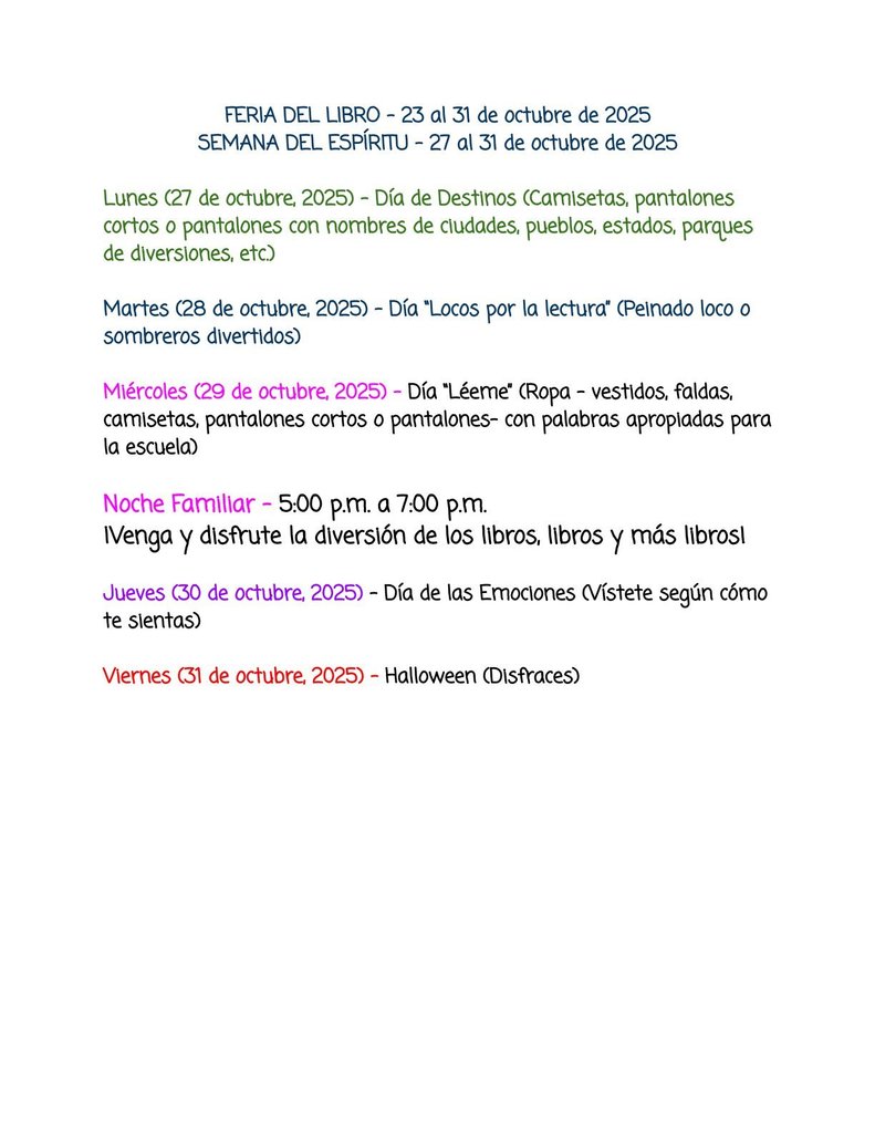 🎉📚 It’s almost time for our Book Fair & Spirit Week! 📚🎉 Get ready to celebrate reading and show your Tiger spirit all week long — October 27–31!  Here’s what’s happening each day: 🌍 Monday – Destination Day: Wear gear from your favorite city, state, or theme park! 🤪 Tuesday – Crazy About Reading Day: Rock your craziest hair or hat! 👕 Wednesday – Read Me Day: Dress in clothes with words (school-appropriate, of course!) 📖 Family Night: 5–7 PM – Join us for books, games, and fun! 💛 Thursday – All About the Feels Day: Dress to match your mood! 🎃 Friday – Halloween: Wear your costumes to wrap up the week!  The Book Fair runs October 23–31, so stop by and find your next great read! 🐯💥 #BookFair #SpiritWeek #TigerPride #ReadersAreLeaders