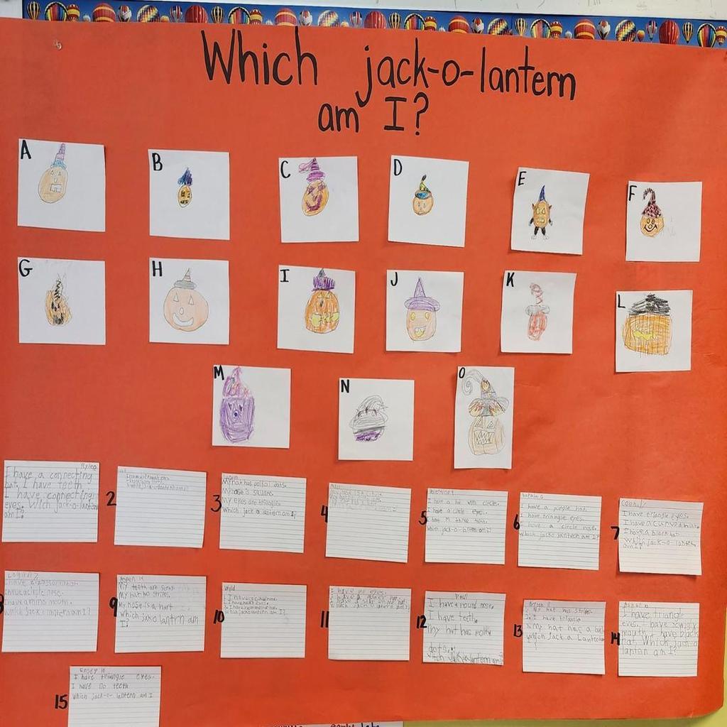 A classroom bulletin board with drawings of jack-o-lanterns and matching written descriptions.