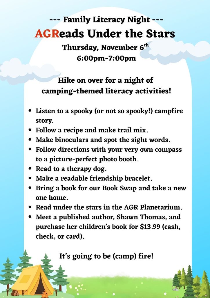Family Literacy Night flyer Nov. 6 from 6:00-7:00
