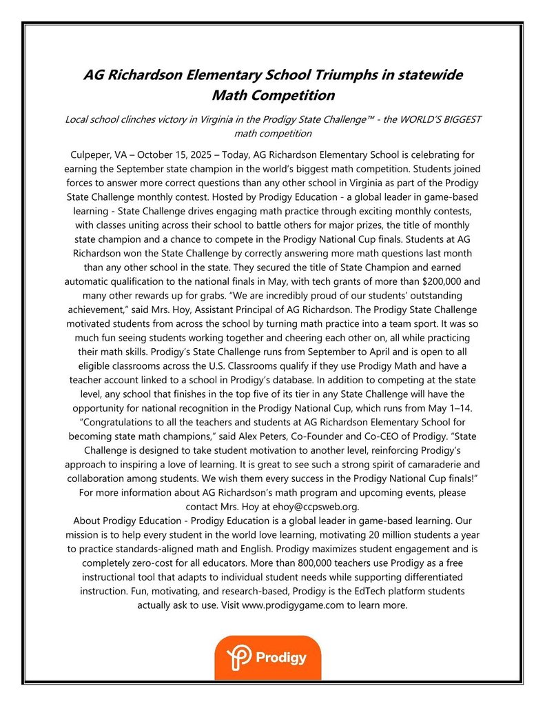 Prodigy letter for winning the Virginia State Challenge!