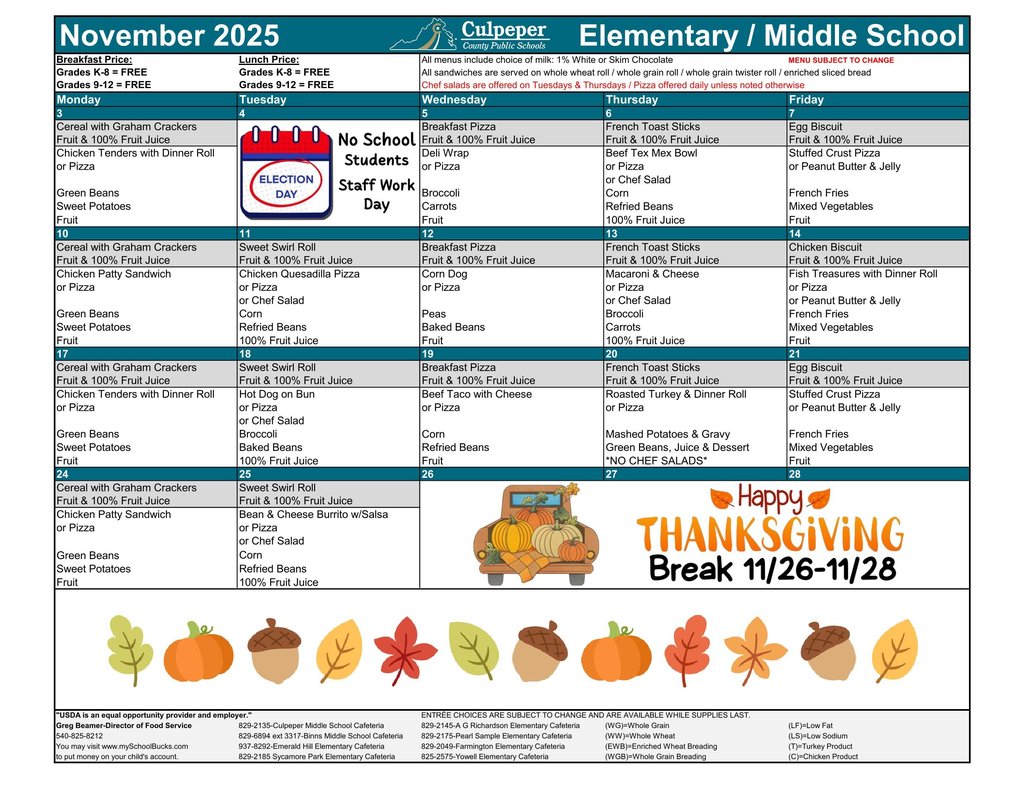 Do you know what's spookier than Halloween?  The fact that November is right around the corner!  Here's the menu for next month for elementary and middle schools.
