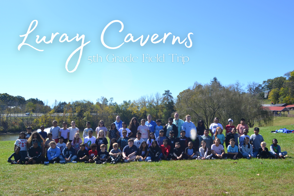Image contains a grade level of students posing in front of Luray Caverns- Luray Caverns- 5th Grade Field Trip