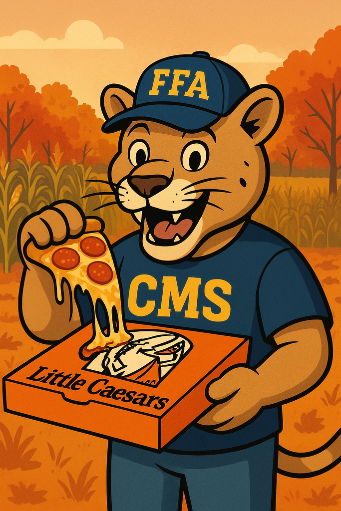 A cartoon cougar mascot wearing a blue baseball cap with "FFA" and a blue T-shirt with "CMS" is shown outdoors in an autumn-themed setting with orange and brown trees and a cornfield in the background. The cougar is excitedly holding an open orange Little Caesars pizza box and lifting a slice of pepperoni pizza with a long string of melted cheese.