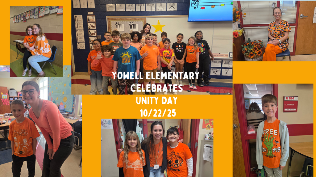 A collage showing Yowell Elementary students and staff wearing orange to celebrate Unity Day on October 22, 2025. The center photo shows a class of students and their teacher in a music room smiling in front of a wall decorated with rhythm charts and a yellow star, with the text “Yowell Elementary Celebrates Unity Day 10/22/25.” Surrounding images include a teacher hugging a student in matching orange pumpkin shirts, a teacher posing with a student in a Star Wars shirt, a smiling teacher sitting beside a basket of orange flowers, a boy standing outside a classroom door wearing an orange “Free High Fives” shirt, and two students smiling with their teacher at a classroom doorway—all wearing orange to show unity and kindness. The collage background features bright orange rectangles tying the images together.