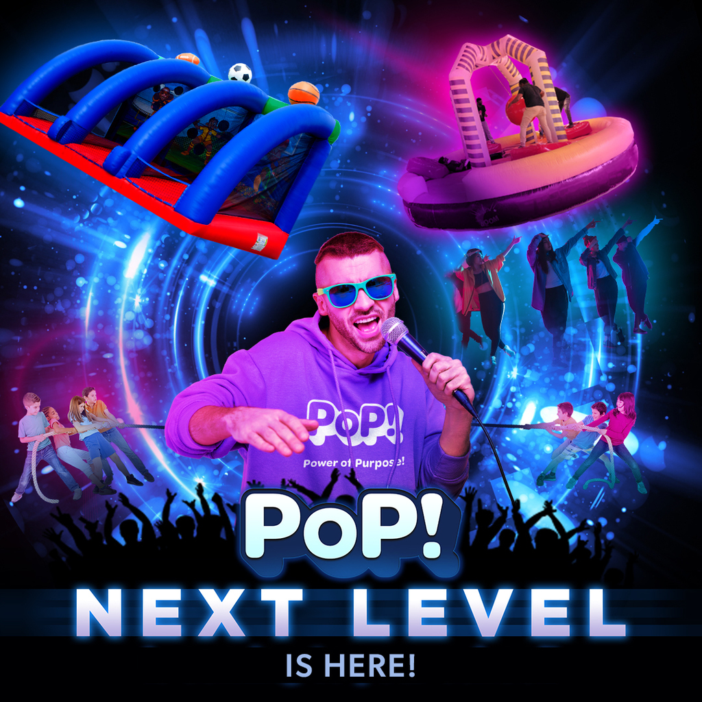 Pop Next Level is Here! Neon image with bright colors  DJ with sunglasses and purple sweatshirt "POP" inflatables in the background.