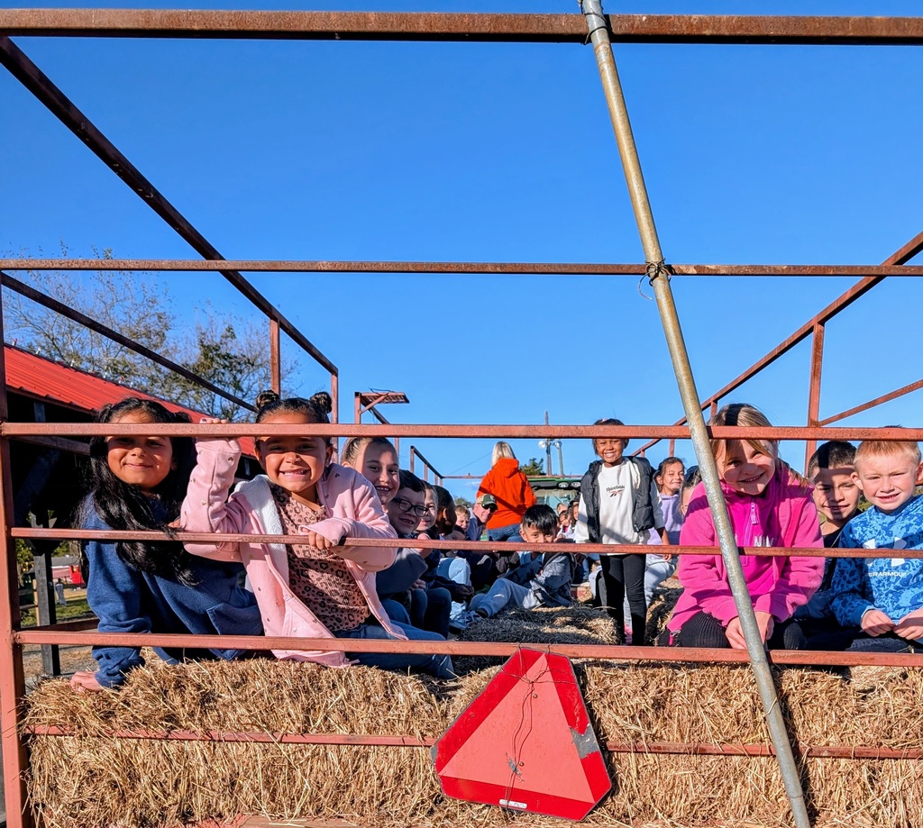 A group of diverse elementary school children are seated on hay bales inside the metal frame of a farm trailer for a hayride. Many are smiling and looking through the metal bars at the camera. A red and white reflective slow-moving vehicle sign is visible in the foreground.