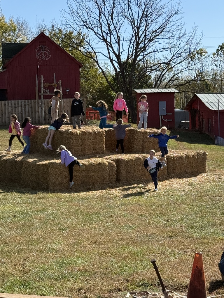 A group of children are playing and climbing on a pyramid structure made of large, square hay bales in a grassy field on a sunny day. A red barn and a few smaller outbuildings are in the background.