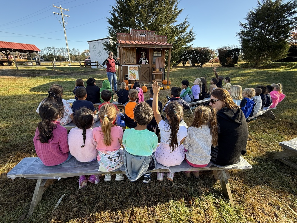 A large group of diverse elementary school children are seated on long picnic benches facing a small, wooden stage with a few pumpkins. A person is standing by the stage, apparently telling a story or giving a presentation. Several children are raising their hands, and an adult is sitting with them on the bench. The setting is a sunny, grassy field.