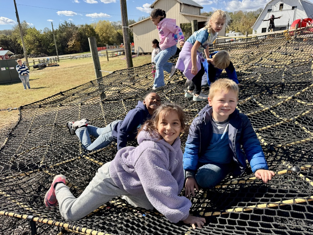 A closer view of a few smiling elementary school children, including a girl in a purple fleece hoodie and a boy in a blue jacket, climbing and posing on a large black spiderweb net on a bright, sunny day at a farm. Other children are playing in the background.