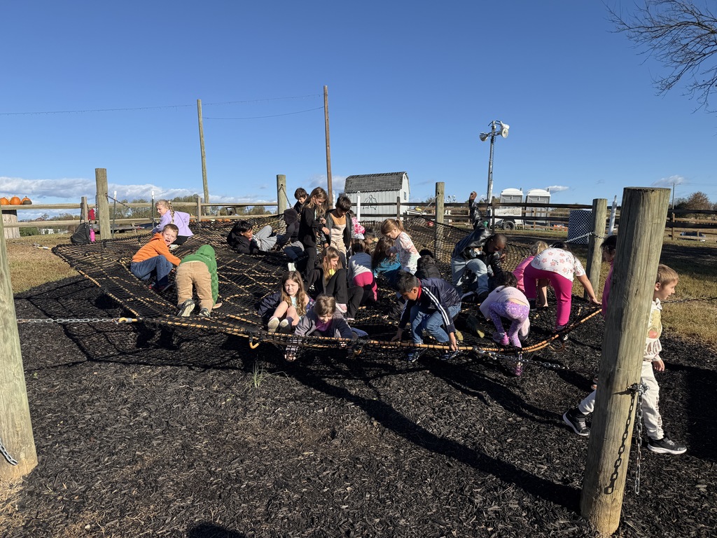 A large group of elementary school children are sitting and lying on a large, outdoor black net or spiderweb-style climbing structure supported by wooden posts. The ground beneath is covered in black mulch. The sky is bright blue and sunny, and a few farm buildings are visible in the background.