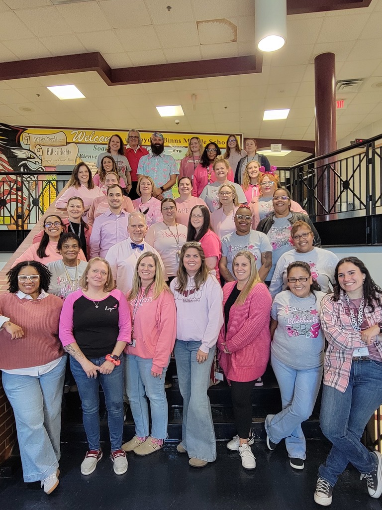 A large group of people stand on school stairs, all wearing various shades of pink clothing. The mood is cheerful, suggesting a themed event.
