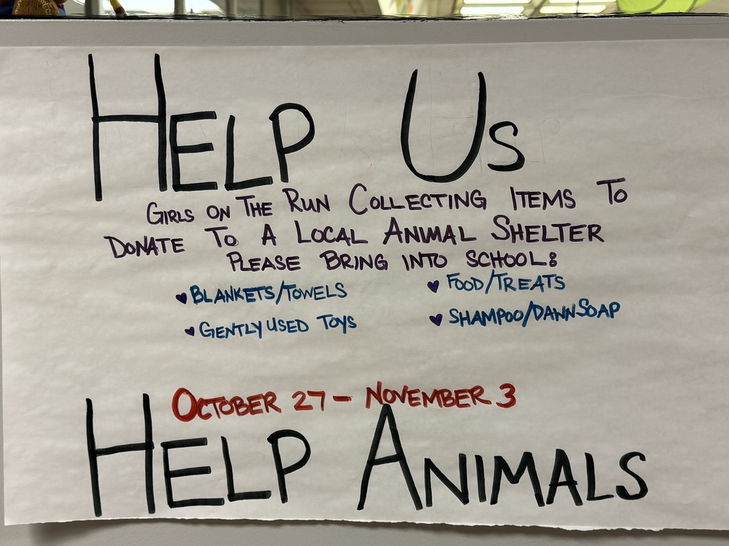 🐾 Girls on the Run Community Impact Project! 🏃‍♀️💜  This season, our Girls on the Run team is teaming up with SCA to support our local animal shelter! 🐶🐱  📦 What: Animal Shelter Drive – bring food, treats, toys, etc. 📍 Where: Ms. Cook’s Room (PSES) 📅 When: October 27 – November 3 💡 Why: To make a pawsitive difference in our community!  Check out the posters around school for more info — and help us spread kindness, one wag at a time! 🐾💜 #GirlsOnTheRun #TigerPride #CommunityImpact #PSESCares