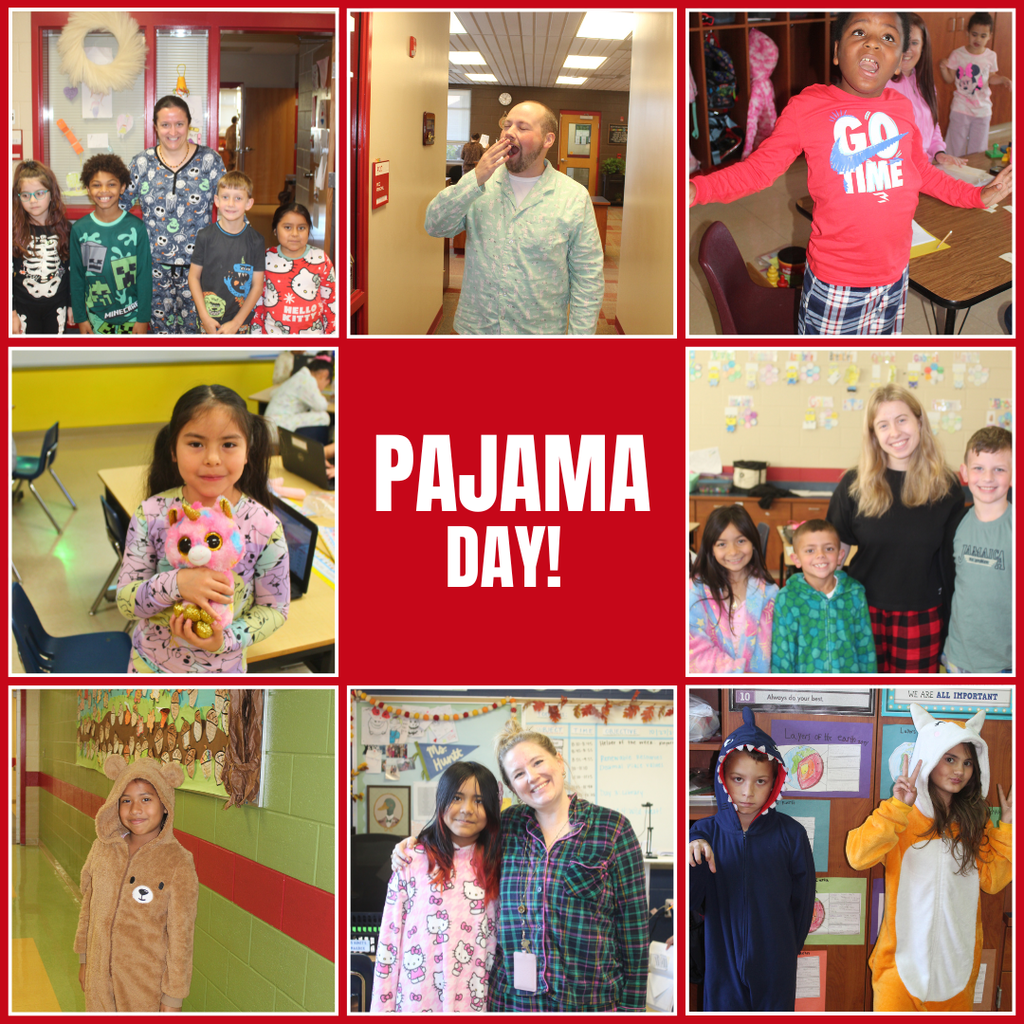A collage of nine photos showing Yowell Elementary students and staff celebrating Pajama Day. The center square has a red background with bold white text reading “PAJAMA DAY!” The surrounding images include children and teachers dressed in cozy pajamas, including plaid pants, character prints, and animal onesies. One teacher playfully yawns in a hallway while others pose with smiling students. One girl holds a pink stuffed animal, and another student wears a fuzzy brown bear suit. The background decorations and classroom settings add a cheerful, school-spirit feel to the collage.