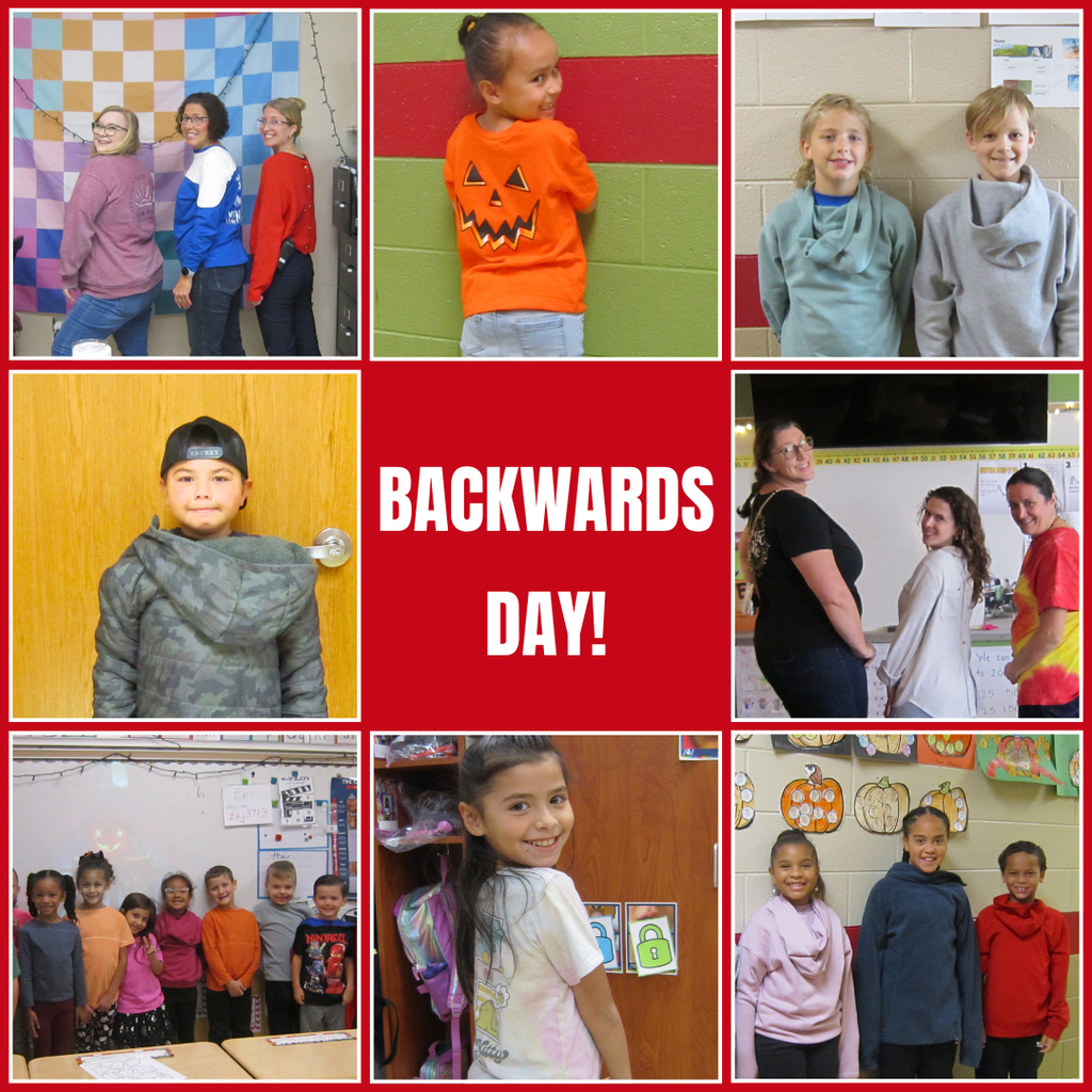 A collage of nine photos showing Yowell Elementary students and staff celebrating Backwards Day. The center square has a red background with bold white text reading “BACKWARDS DAY!” The surrounding photos feature people wearing shirts, hoodies, and hats backwards, smiling and posing to show their reversed outfits. Some students and teachers turn around to display the backs of their shirts, while others wear their clothing or accessories in creative backwards styles. The classrooms and hallways are decorated with fall-themed artwork, adding color and cheer to the scene.