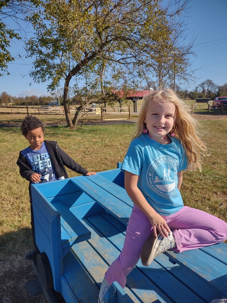 A smiling young girl with long blonde hair, wearing a blue t-shirt and pink pants, is sitting on a blue wooden cart or toy wagon while a young boy is standing behind it.