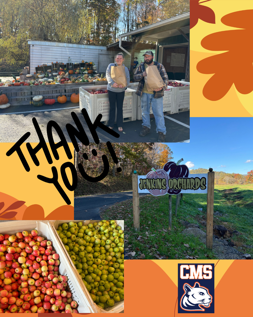 A fall-themed collage expresses thanks, featuring photos related to an orchard and apples. The large, handwritten text "THANK YOU! :)" dominates the center left. The images include a man and a woman standing in front of large bins of apples and a display of pumpkins and gourds, each holding a brown paper bag, a close-up of plastic crates filled with many small red and green apples, and a wooden sign for "JENKINS ORCHARDS" set in a field with rolling hills in the background under a blue sky. The collage is completed with a logo for "CMS" (likely the school from the previous image) featuring a panther mascot, all framed by orange and yellow shapes representing fall leaves and colors.