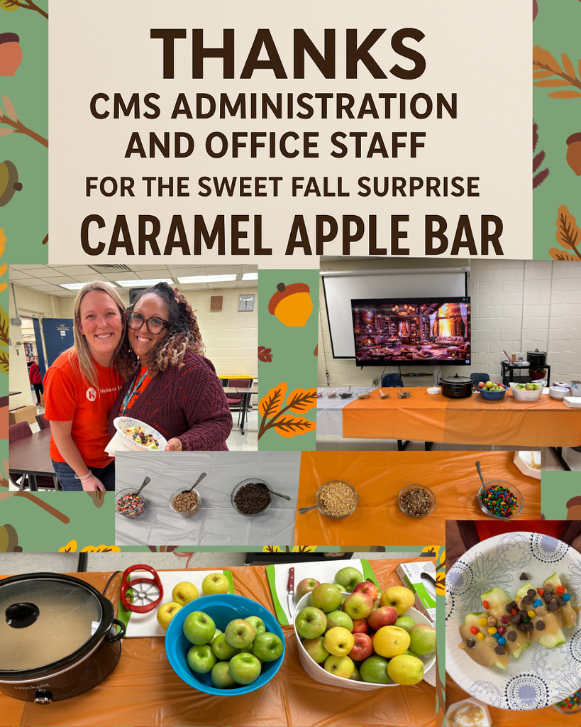 A collage of photos showing a "Caramel Apple Bar" surprise for staff, decorated with a fall-themed border of leaves and acorns. The main text reads: "THANKS CMS ADMINISTRATION AND OFFICE STAFF FOR THE SWEET FALL SURPRISE CARAMEL APPLE BAR." Photos include two smiling female staff members, tables set up with slow cookers (likely for warm caramel), bowls of green and yellow apples, and various toppings like sprinkles, crushed nuts, chocolate chips, and M&Ms. One photo shows a finished caramel apple slice creation on a paper plate.