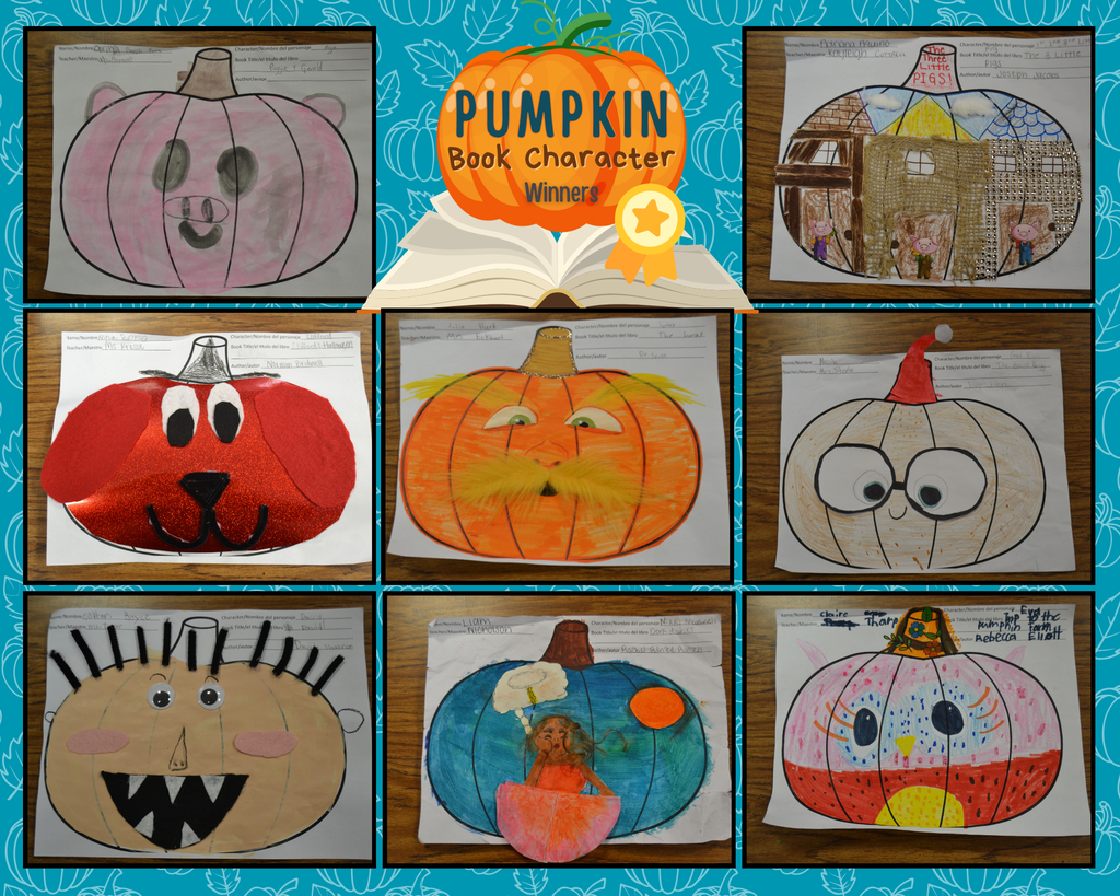 Collage of 8 kid drawn pumpkins to look like book characters- Pumpkin Book Character Winners- Piggie, Clifford, David, Egg, Lorax, 3 Little Pigs
