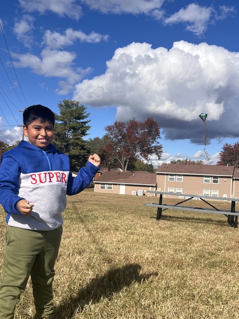 Boy smiling while flying his kite in a field.  His sweatshirt says SUPER