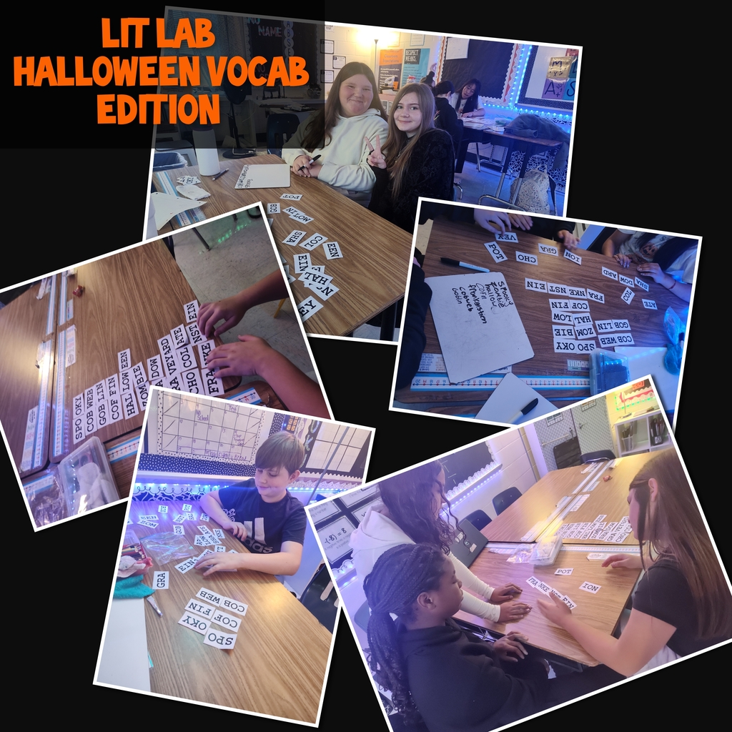 A collage of five photographs from a classroom featuring the title "LIT LAB HALLOWEEN VOCAB EDITION" in large, orange, spooky-style text. The photos show various groups of students sitting at desks, focusing on small white tiles with letters and words printed on them, which appear to be related to the Halloween vocabulary activity.