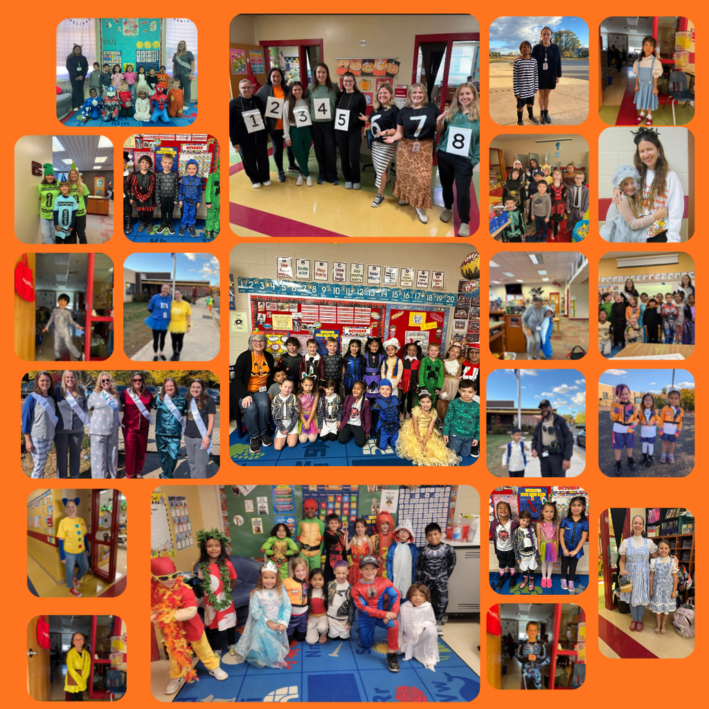 A collage of photos showing Yowell Elementary students and staff celebrating Halloween in costume. The orange background frames classrooms and hallways filled with smiling faces. Costumes include superheroes, princesses, witches, animals, M&Ms, and creative group themes like teachers dressed as playing cards numbered 1–8. Students pose in small groups and whole-class photos, showing off their colorful outfits and festive spirit both indoors and outside the school.
