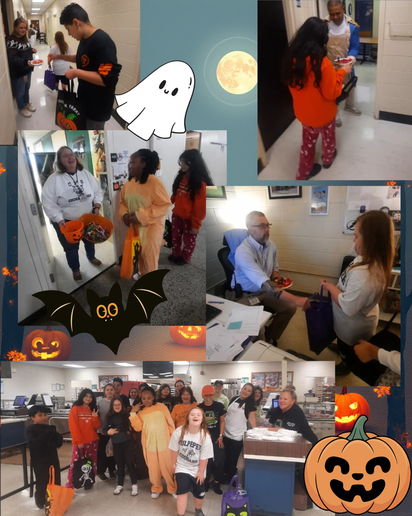 A collage of photos showing students in Halloween costumes trick-or-treating inside a school hallway and what appears to be a cafeteria or office area. Several students are holding bags or buckets for candy. The collage is decorated with graphic elements like a smiling ghost, a full moon, a cartoon bat, and jack-o'-lanterns.
