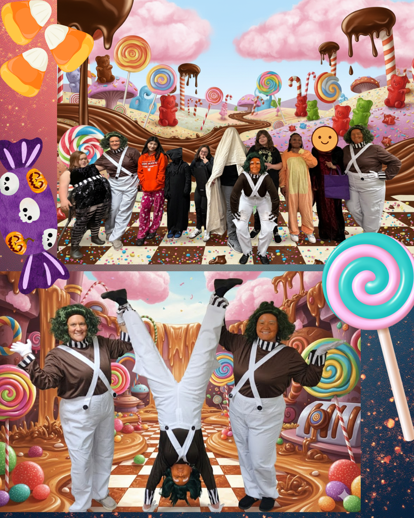 Three adults dressed in Oompa Loompa-style costumes with green curly wigs and brown and white outfits are positioned against a fun and whimsical candy factory background. Two people are standing on the left and right, and one person is centered upside down, doing a handstand. The background is brightly colored with giant lollipops, swirls of candy, pink clouds, and rivers of melting chocolate.