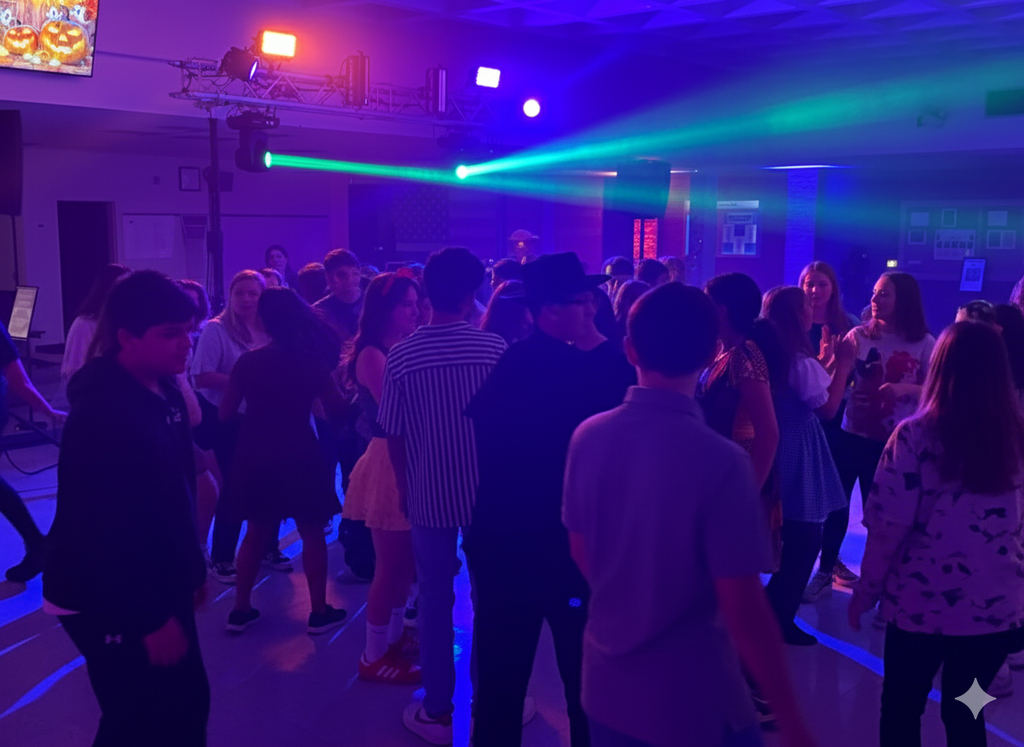 A large group of teenagers and young adults are dancing in a darkened room, lit by blue and purple ambient light and bright beams of green and amber from disco lights overhead. The dance floor is packed with people.