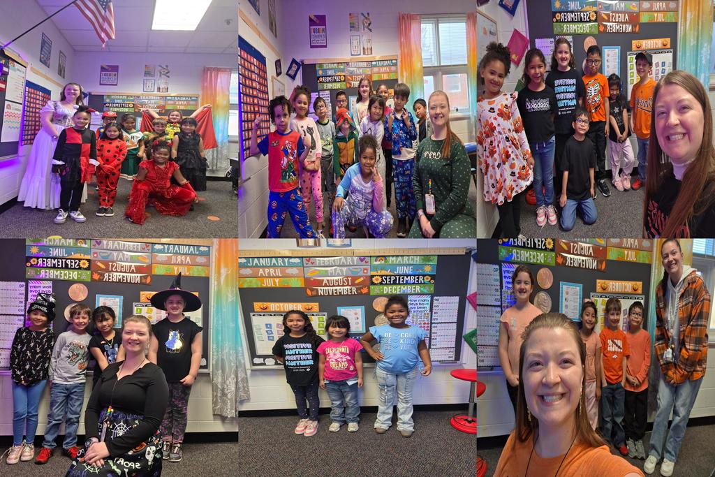 Top Left: A group of children in various costumes (including a princess, a ladybug, and perhaps a superhero or pirate) are posing with an adult, who is also dressed up, near a window and an American flag. Top Center/Right: A larger group of children in costumes and pajamas, along with a few adults, are standing and sitting together in the classroom. Some children are wearing Halloween-themed outfits (like a ghost print dress). Bottom Left: A smaller group of children in costumes (including a witch's hat) are posing with two adults near a whiteboard or bulletin board. Bottom Center/Right: A few children, some wearing t-shirts with positive messages, are posing with an adult in the foreground who is taking a selfie, and another adult to the right, in front of a calendar display showing the months of the year.