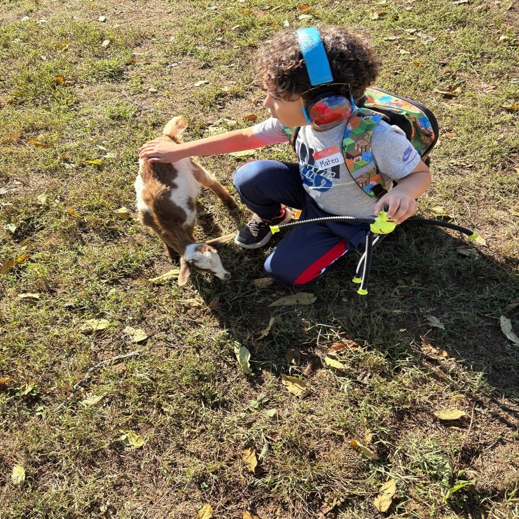 A young boy wearing noise-reducing headphones kneels to gently pet a small brown and white goat in a sunny outdoor area with grass and fallen leaves.