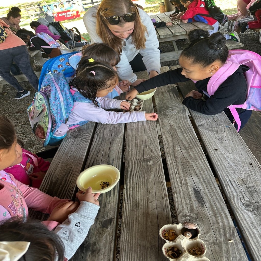 A teacher helps a group of young students explore natural materials at a wooden picnic table. The children are touching seeds and plant pods while wearing colorful backpacks.