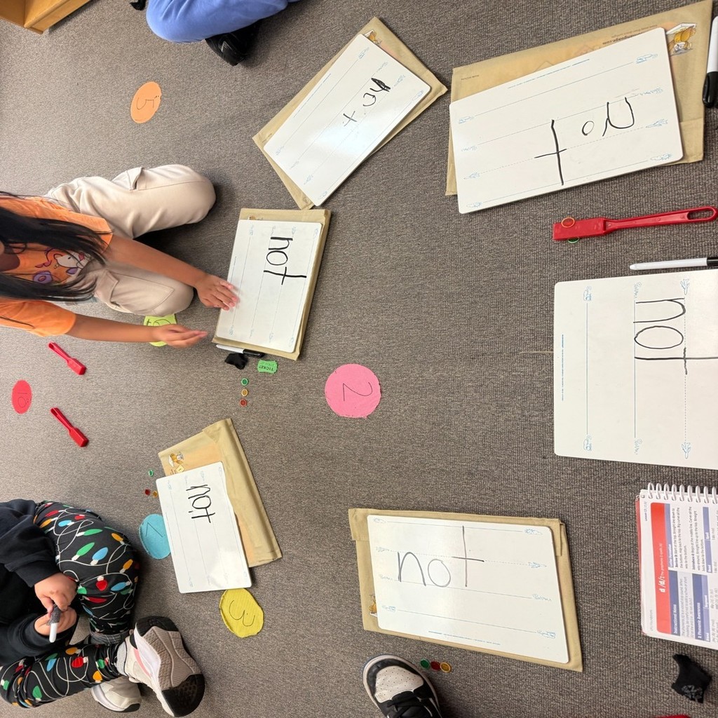 Students display the word “not” written on their whiteboards as part of a reading and spelling lesson.