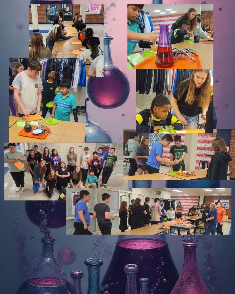 This image is a collage of candid photos capturing a science or craft activity involving a group of elementary or middle school students and several adult instructors in a school setting, possibly a cafeteria. The theme, suggested by the filename, is a "Witches Brew," likely a Halloween-themed science experiment such as making a lava lamp or other chemical reaction, as evidenced by the beakers, funnels, and brightly colored liquids seen on the tables. The photos show the students actively engaged in the hands-on project, working individually and in small groups under supervision, with a visible American flag in the background of some shots, concluding with a large, smiling group photo of all the participants, indicating the activity was successful and fun.