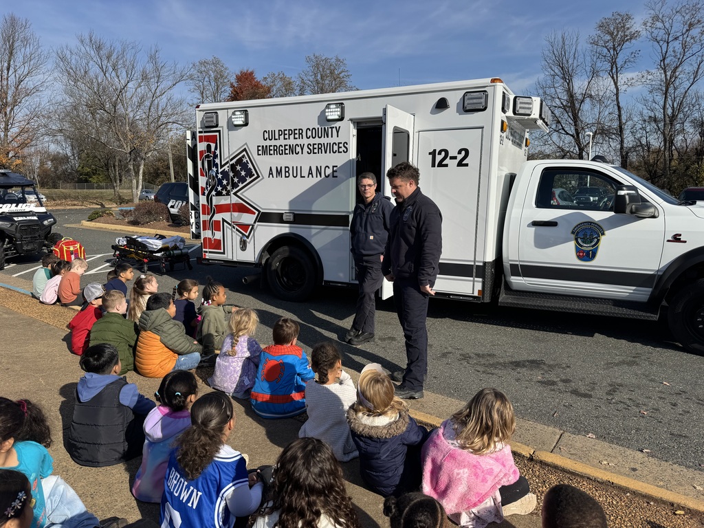 AGR Kindergarteners got a visit from community helpers today - Culpeper Police, Rescue, and Fire Department all showed the students different ways community helpers assist the community.  Thanks to all!