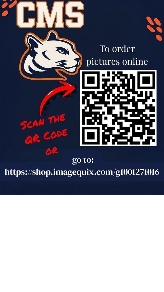 A dark blue poster for ordering school pictures from CMS (with a cougar/panther logo). The poster instructs viewers "To order pictures online," and provides a large QR code to scan. Below the QR code is a direct website link: https://shop.imagequix.com/g1001271016
