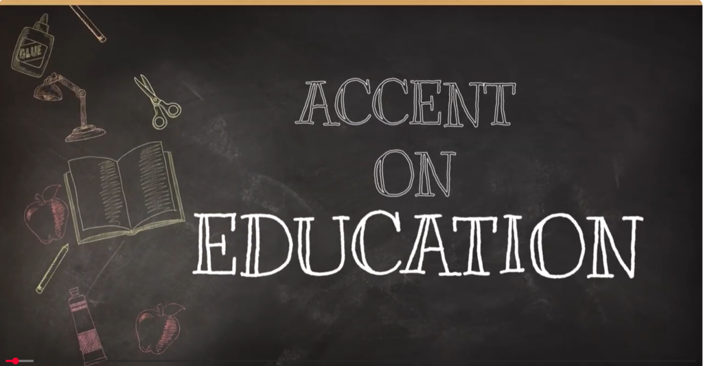 image with a chalkboard in the background and the words Accent on Education in white decorative letters and chalk drawn school supplies on the left hand side