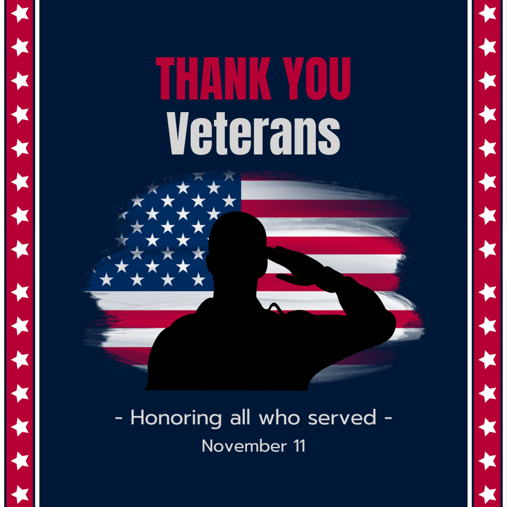 Graphic honoring Veterans Day with a silhouette of a saluting soldier in front of a painted American flag. Text reads: 'Thank you Veterans – Honoring all who served – November 11.' Red, white, and blue border with white stars on the sides