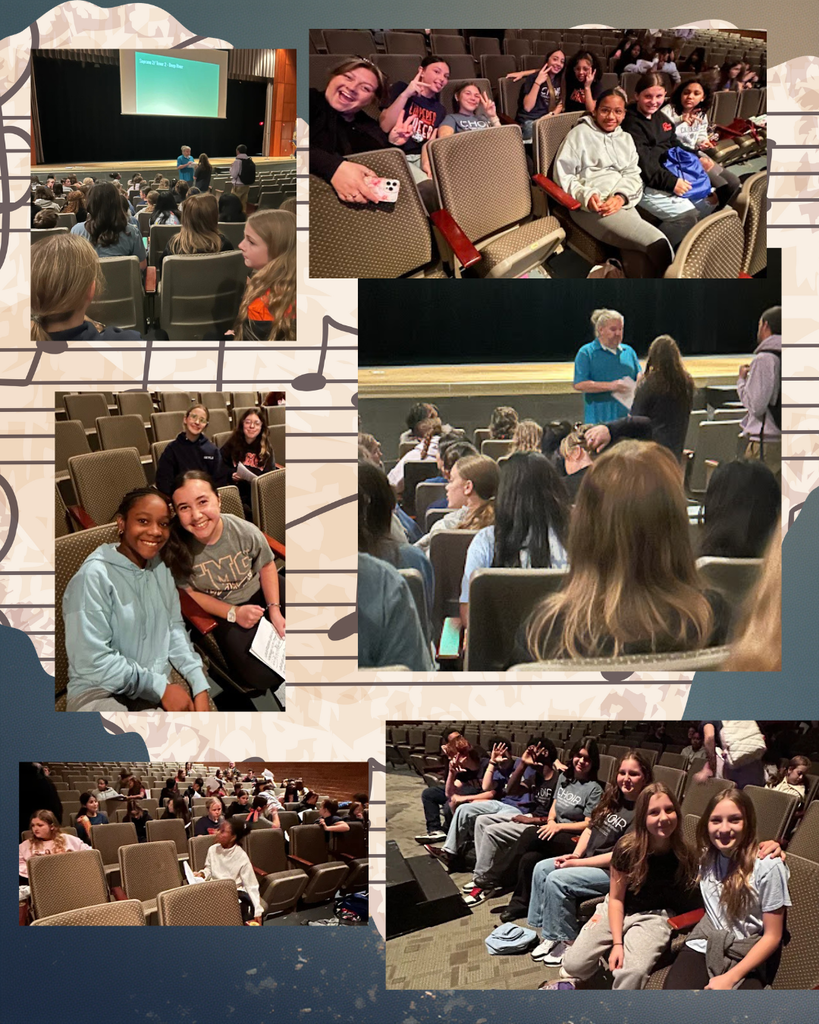 A collage of photos showcasing a group of middle or high school students attending a choir event or workshop, set against a background featuring musical staff lines and notes. The photos show students sitting in an auditorium or theater with brown seats. In several close-up photos, the students are smiling, laughing, posing for the camera, and interacting happily. Other photos show the group listening to an adult instructor or director standing on a stage, sometimes with a presentation screen visible. The overall impression is one of students engaging in a fun, educational music experience.