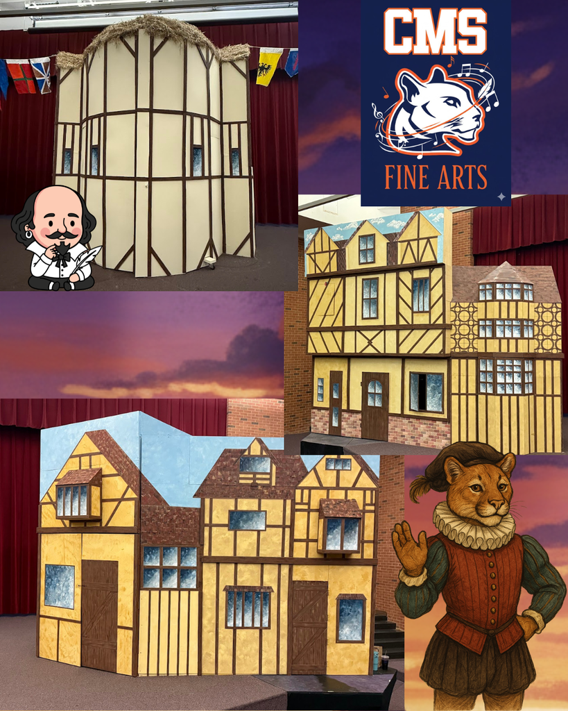 A collage used as a social media post promoting the CMS Fine Arts program and their musical. The background is a dramatic stage sky with purple and orange clouds. The collage features three large, hand-built theatrical set pieces painted in the style of Elizabethan half-timbered buildings. One set piece is a circular structure with a thatched roof, resembling the Globe Theatre. The other two are multi-story townhouses that flank the central Globe piece. The collage also includes several digital graphics:  The official CMS Fine Arts logo (a blue square with the white and orange CMS panther logo, musical notes swirling around its head, and the text "FINE ARTS").  A cartoon illustration of William Shakespeare holding a quill.  A drawing of a Panther mascot dressed in Elizabethan-era clothing (a doublet and breeches) waving its hand.