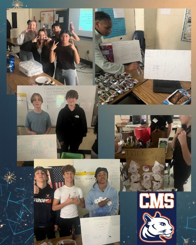 Alt Text: A collage of photos showing students engaging in various hands-on learning activities, mostly related to math or a project-based lesson, with a festive, celebratory background of fireworks or sparks.  Top Left: A group of four students smiling and giving peace signs or thumbs up in a brightly lit classroom.  Top Right: A female student pointing at a whiteboard or large paper displaying graphs, charts, and mathematical equations. Rolls of colored aluminum foil or tubes are visible on the desk.  Middle Left: Two male students standing next to a whiteboard displaying a large bar graph.  Bottom Right: A close-up of a desk with a sign reading "TRICK OR TREAT" and several paper cups labeled with numbers, suggesting a fall or Halloween-themed activity.  Bottom Left: Three male students posing in front of an American flag with whiteboards displaying project work, with one student wearing a Virginia shirt.  The CMS Panther logo is visible in the bottom right corner.