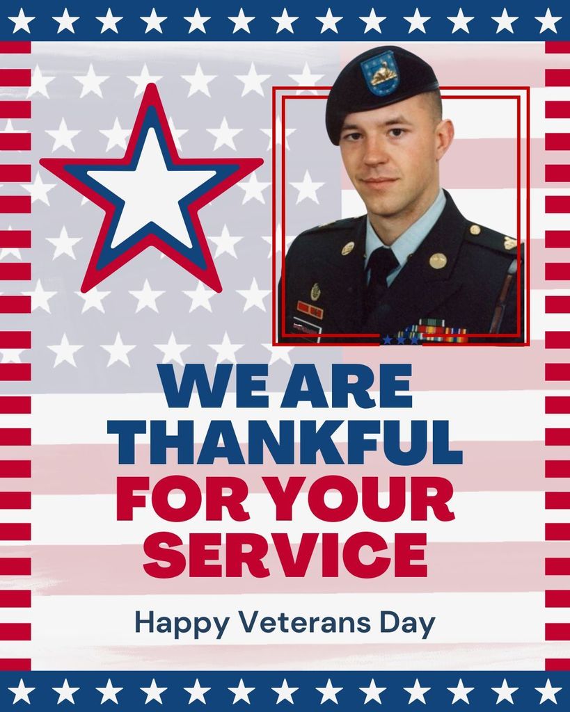 We are thankful for your service Happy Veterans Day Image- US Army Soldier; Red, White & Blue Patriotic Theme