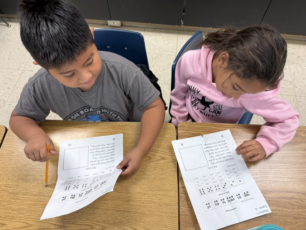 “Two students seated side by side at a classroom desk, reading a phonics worksheet with dice patterns and sight words.”