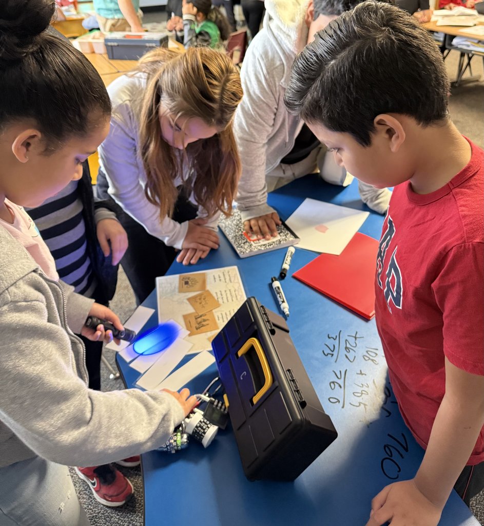 “Group of students using a UV flashlight to reveal clues during a classroom escape-style learning activity, with papers and lockboxes on the table.”